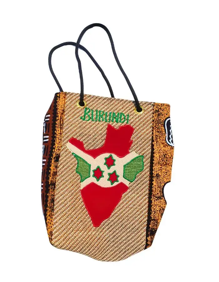 Sac Artisanal Burundi — Carte du Burundi, Wax Losanges (32 cm)