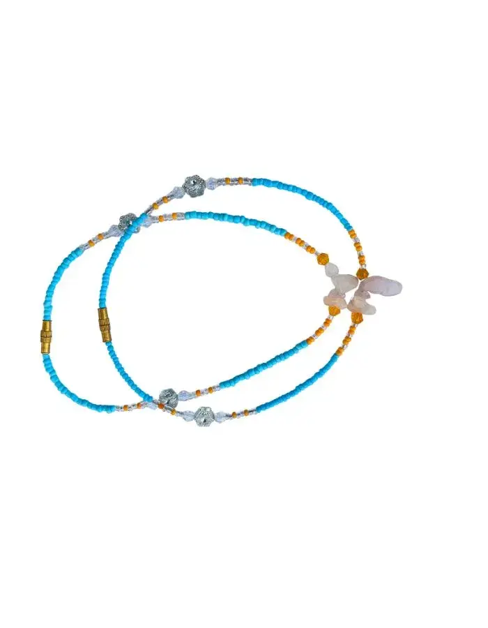 Chevillères Perlées Turquoise, Papillon Quartz Rose (Paire, 27 cm)