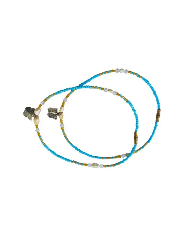 Chevillères Perlées Turquoise, Plume Argentée (Paire, 29 cm)