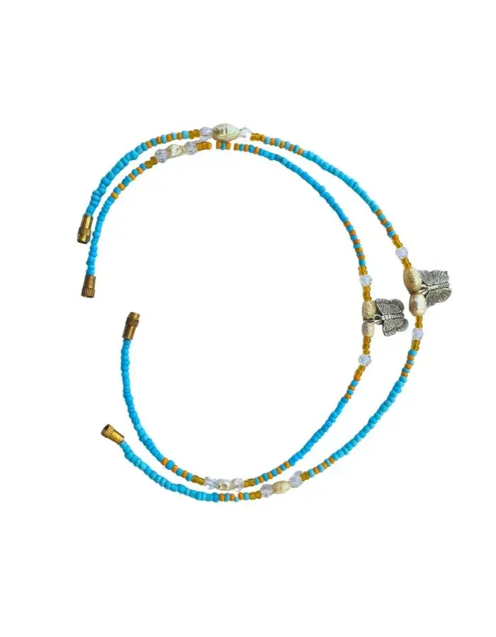 Chevillères Perlées Turquoise, Plume Argentée (Paire, 29 cm)