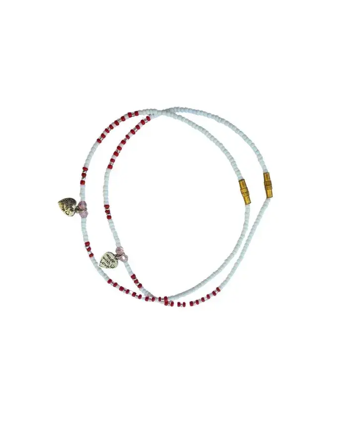 Chevillères Perlées Bleu Pâle & Rouge, Cœurs « Love » (Paire, 27 cm)