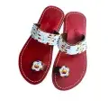 Sandales Artisanales Perlées Bordeaux & Multicolore — Médaillon Rond (Taille 38)