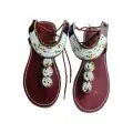 Sandales Artisanales Perlées Bordeaux & Ivoire — Bracelet Cheville Trois Médaillons (Taille 40)